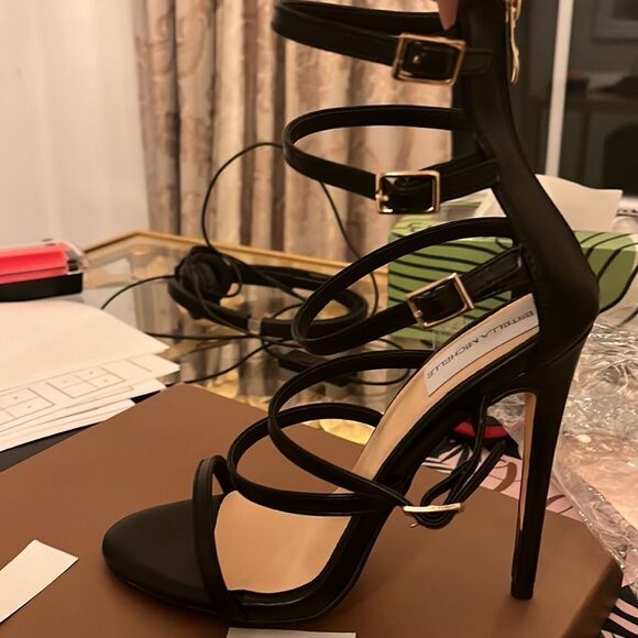 BLACK GLADIATOR OPEN TOE ZIP HIGH HEEL STILETTO SANDAL - Picture 4 of 5